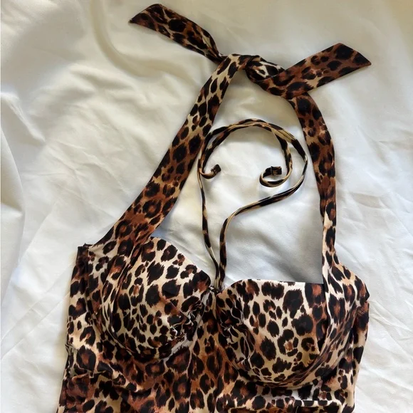 Leopard Print Halter Tie Vintage Style Swimsuit Padded Bust sz M/8 - Picture 6 of 7